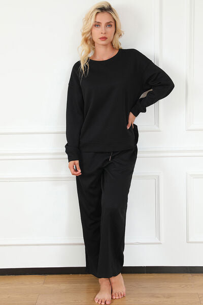 Double Take Full Size Textured Long Sleeve Top and Drawstring Pants Set - NeoKira Unlimited