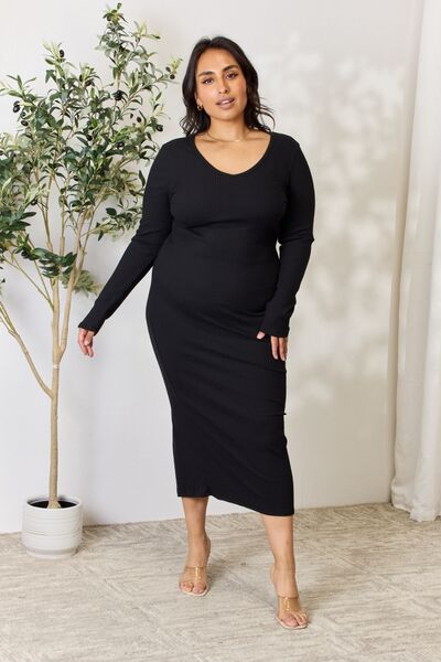 Culture Code Full Size Ribbed Long Sleeve Midi Slit Dress Midi Dress Trendsi   