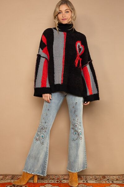 POL Turtleneck Color Block Fringe Detail Sweater Sweater Trendsi   