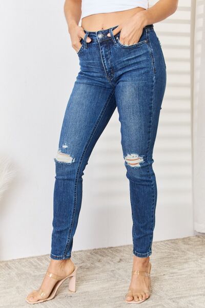 Judy Blue Full Size High Waist Distressed Slim Jeans Jeans Trendsi Dark 0 