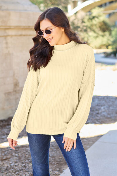 Basic Bae Full Size Ribbed Exposed Seam Mock Neck Knit Top Top Trendsi Pastel Yellow S 