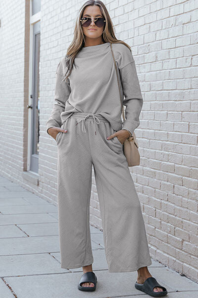 Double Take Full Size Textured Long Sleeve Top and Drawstring Pants Set Pants Set Trendsi Light Gray S 