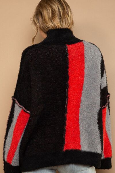 POL Turtleneck Color Block Fringe Detail Sweater Sweater Trendsi   