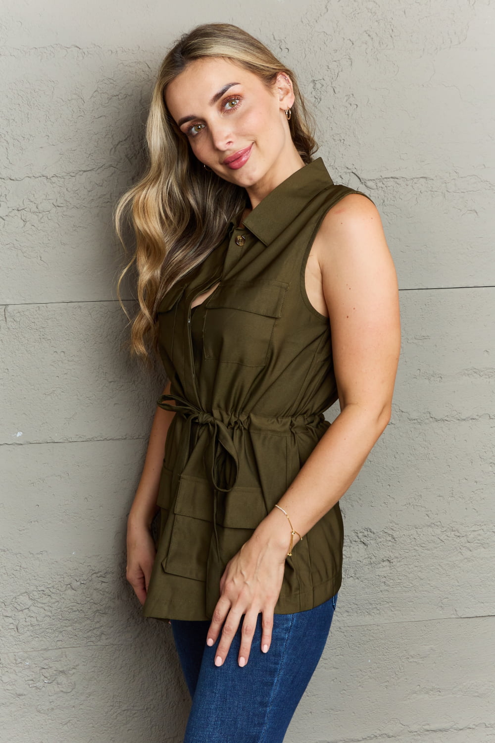 Ninexis Follow The Light Sleeveless Collared Button Down Top Top Trendsi   