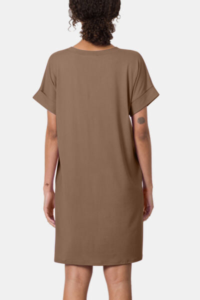 Zenana Rolled Short Sleeve V-Neck Dress Mini Dress Trendsi   