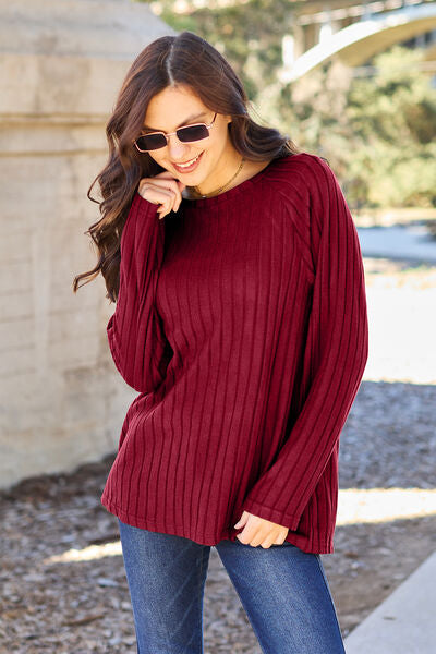 Basic Bae Full Size Ribbed Round Neck Long Sleeve Knit Top - NeoKira Unlimited