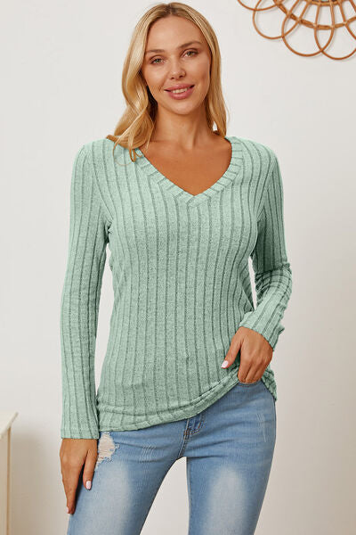 Basic Bae Full Size Ribbed V-Neck Long Sleeve Shirt - NeoKira Unlimited