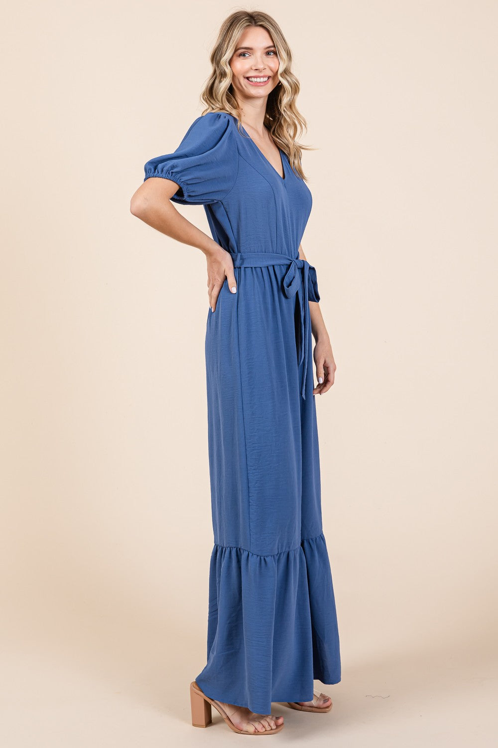 GeeGee Full Size V-Neck Belted Wide Leg Jumpsuit Jumpsuits Trendsi   