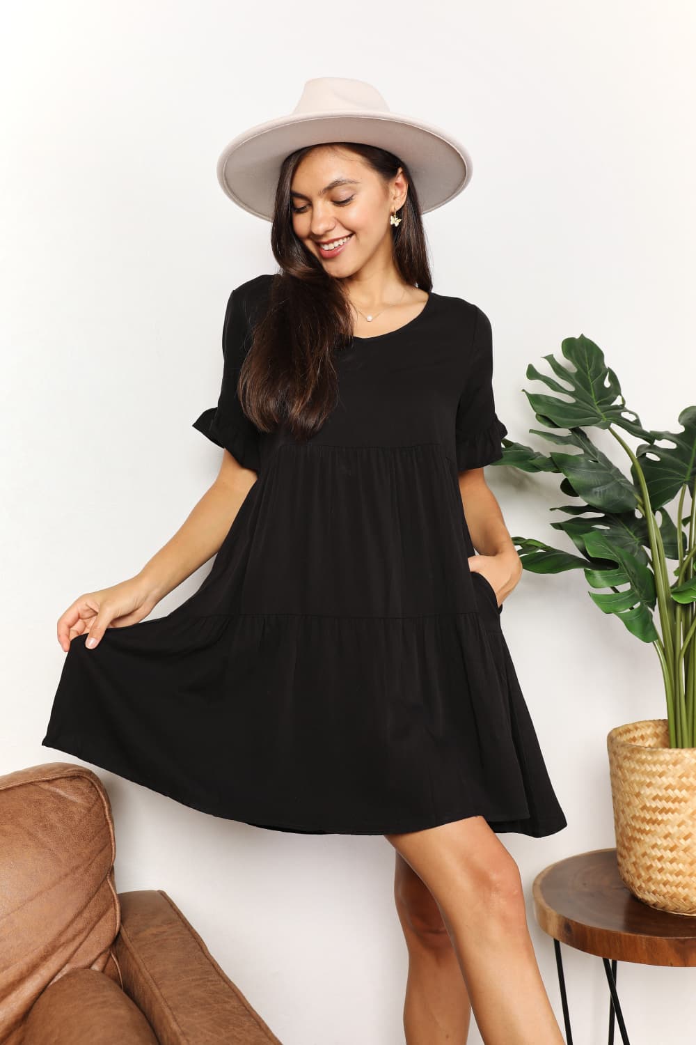 Double Take V-Neck Flounce Sleeve Tiered Dress Mini Dress Trendsi   