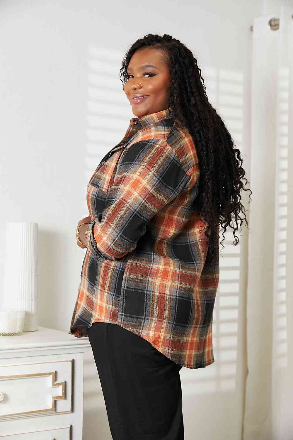 Double Take Plaid Dropped Shoulder Shirt Shirt Trendsi   