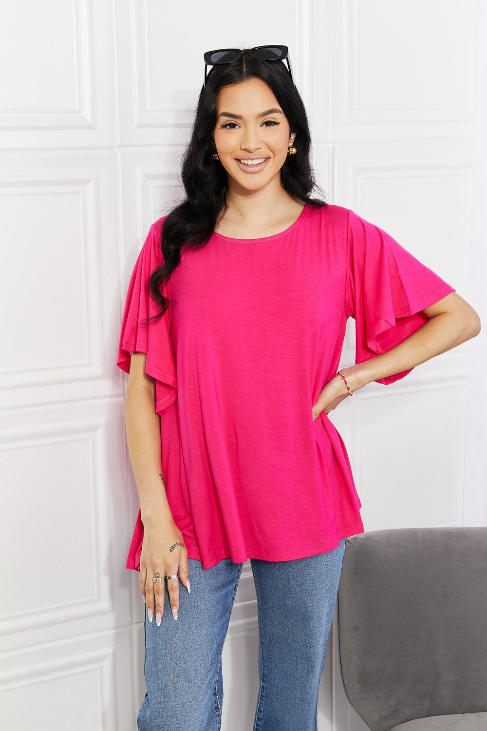 Yelete Full Size More Than Words Flutter Sleeve Top Top Trendsi Hot Pink S 