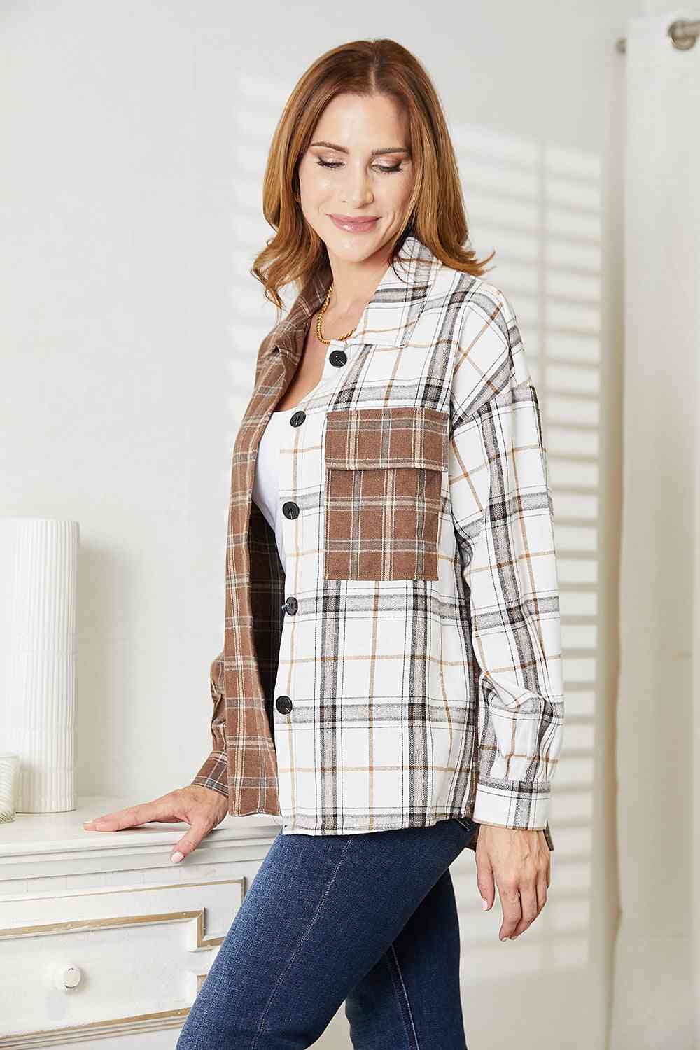 Double Take Plaid Contrast Button Up Shirt Jacket - NeoKira Unlimited