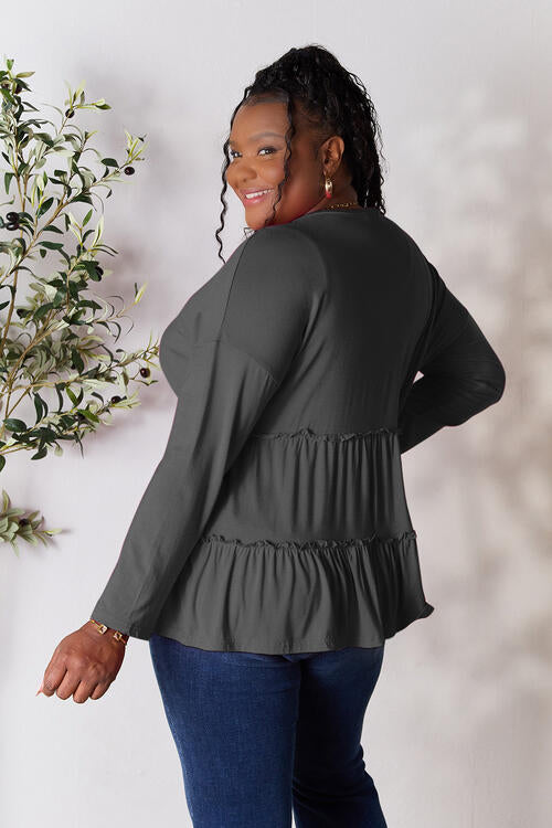 Double Take Half Button Long Sleeve Ruffle Hem Blouse - NeoKira Unlimited