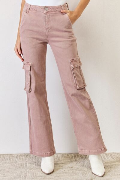 RISEN Full Size High Rise Cargo Wide Leg Jeans Jeans Trendsi Mauve 0 