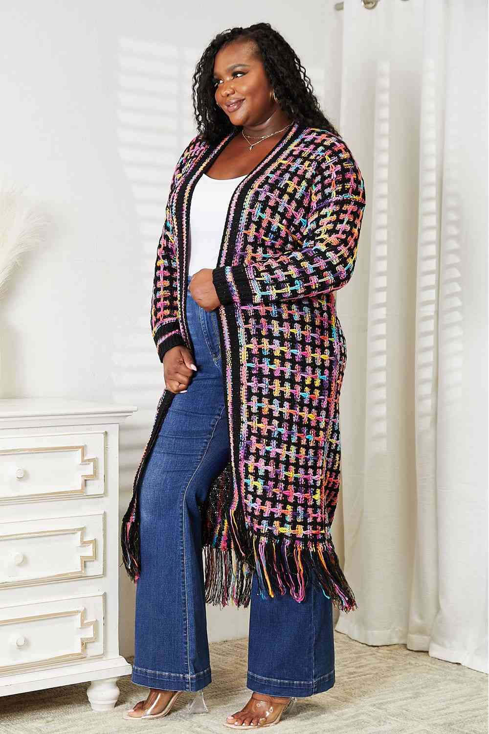 Double Take Full Size Multicolored Open Front Fringe Hem Cardigan Cardigan Trendsi   