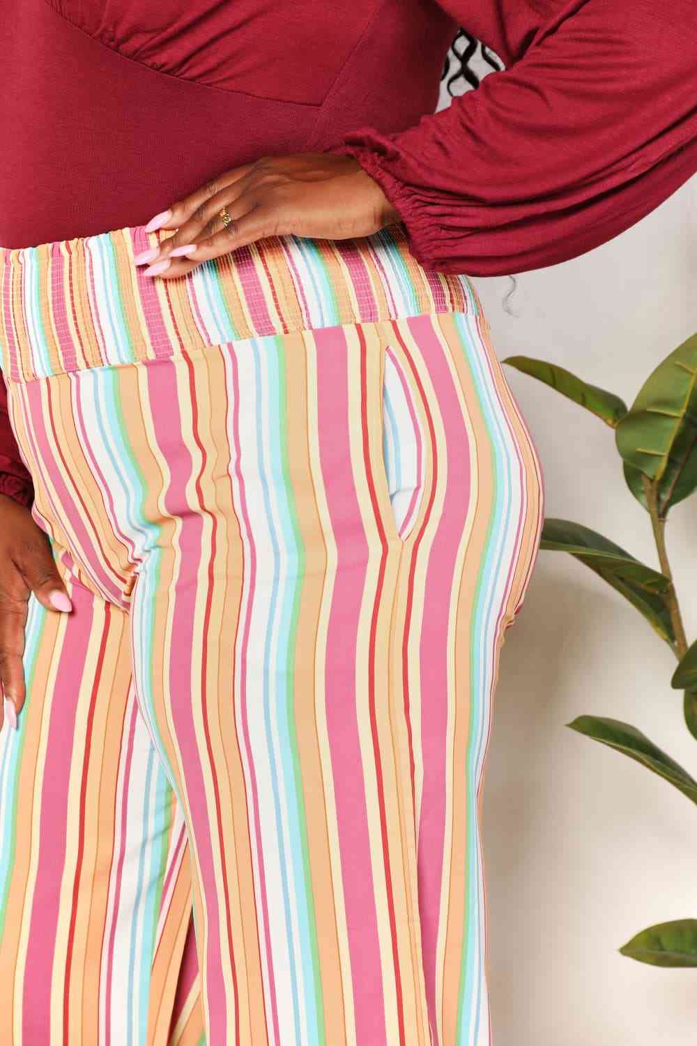 Double Take Striped Smocked Waist Pants with Pockets Pants Trendsi   