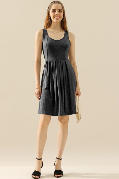 Doublju Full Size Round Neck Ruched Sleeveless Dress with Pockets Mini Dress Trendsi   