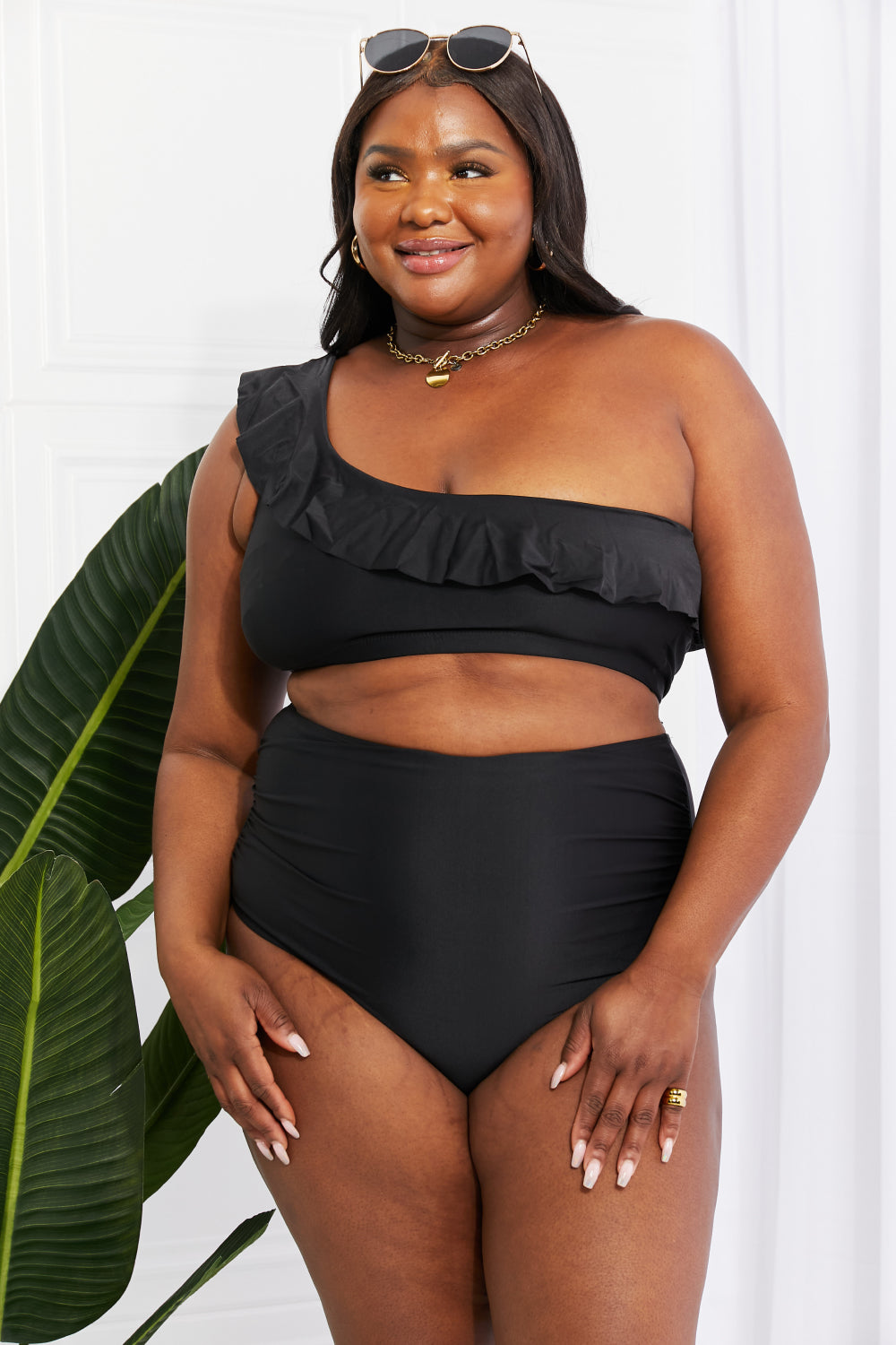 Marina West Swim Seaside Romance Ruffle One-Shoulder Bikini in Black Bikini Trendsi   