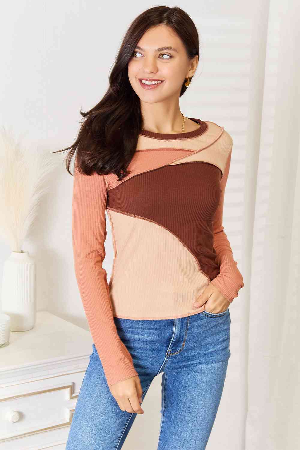 Double Take Color Block Exposed Seam Long Sleeve Top Top Trendsi Chestnut S 