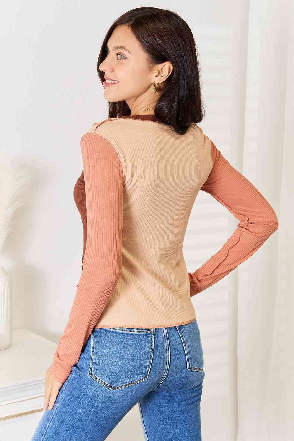 Double Take Color Block Exposed Seam Long Sleeve Top - NeoKira Unlimited