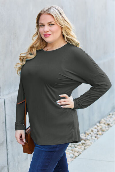 Basic Bae Full Size Round Neck Dropped Shoulder Shirt Top Trendsi   