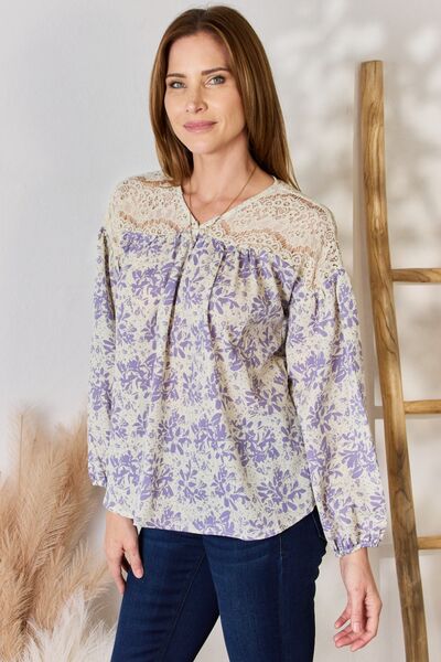 Hailey & Co Full Size Lace Detail Printed Blouse - NeoKira Unlimited