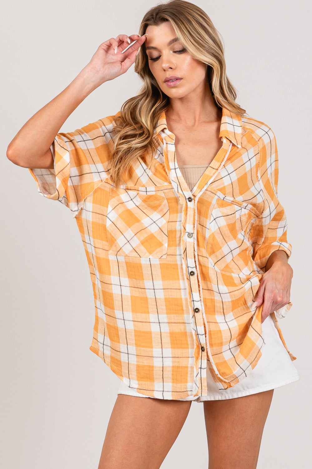 SAGE + FIG Plaid Button Up Side Slit Shirt Shirt Trendsi   