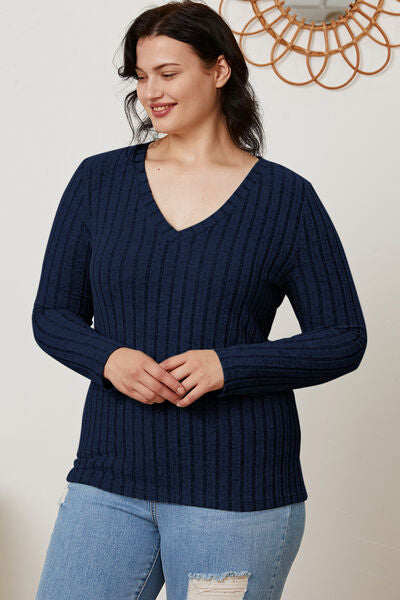 Basic Bae Full Size Ribbed V-Neck Long Sleeve Shirt - NeoKira Unlimited