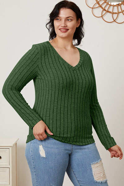 Basic Bae Full Size Ribbed V-Neck Long Sleeve Shirt Top Trendsi   