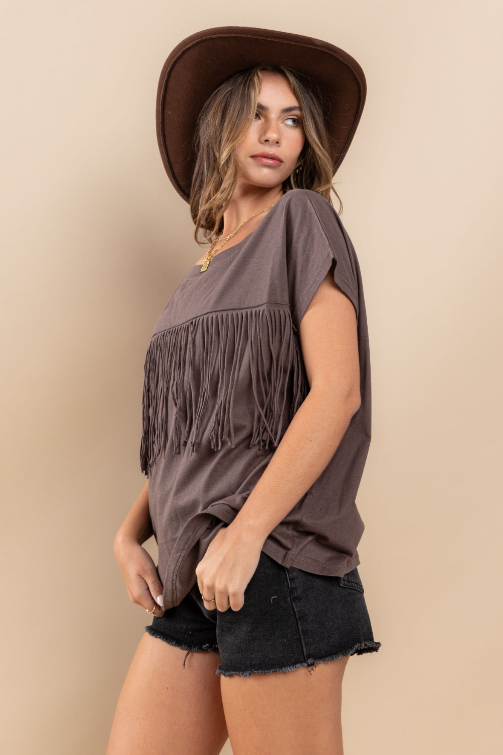 Ces Femme Fringe Detail Round Neck Short Sleeve Top - NeoKira Unlimited