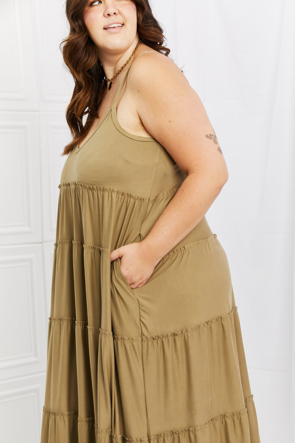 Zenana Full Size Spaghetti Strap Tiered Dress with Pockets in Khaki Maxi Dress Trendsi   