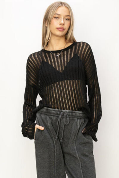 HYFVE Openwork Ribbed Long Sleeve Knit Top Top Trendsi Black S 