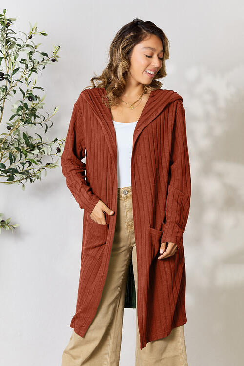 Basic Bae Full Size Ribbed Open Front Long Sleeve Cardigan Cardigan Trendsi Brick Red S 