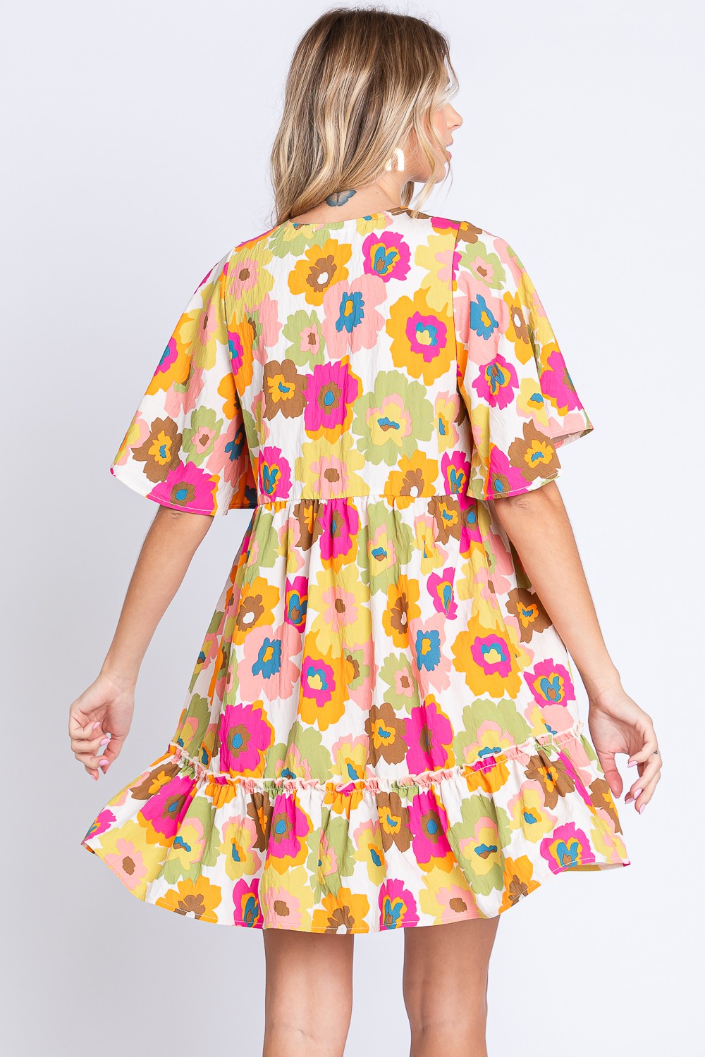 GeeGee Full Size Floral V-Neck Ruffle Trim Mini Dress Mini Dress Trendsi   