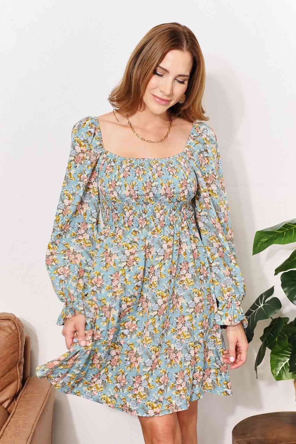 Honey Floral Smocked Flounce Sleeve Square Neck Dress - NeoKira Unlimited
