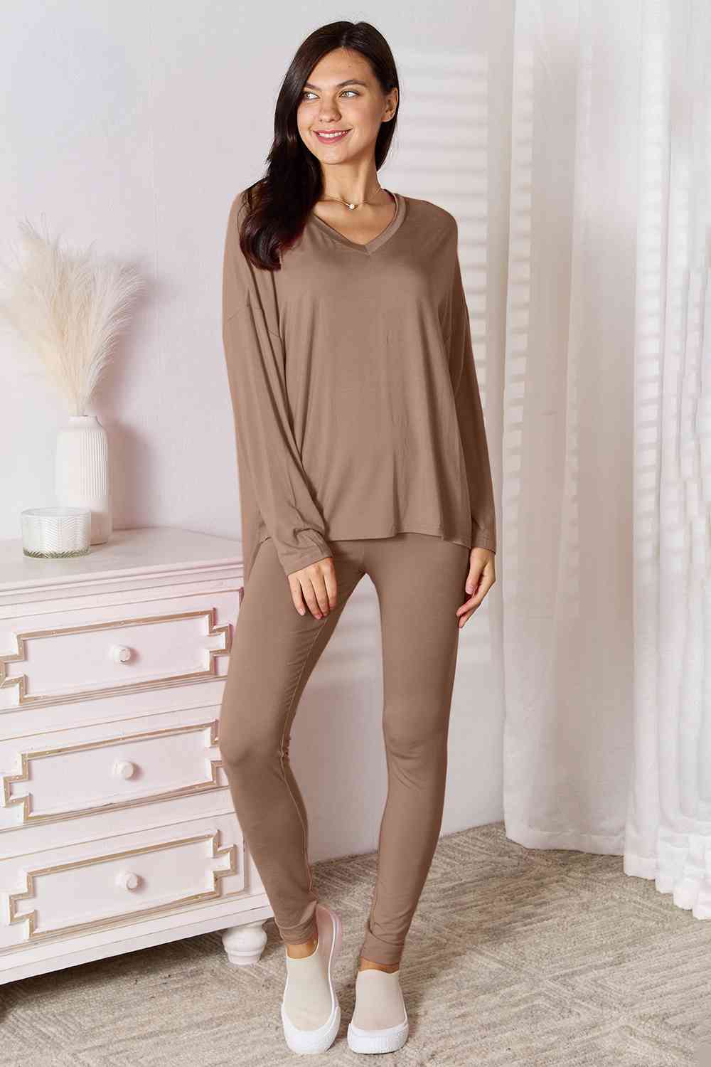 Basic Bae Full Size V-Neck Soft Rayon Long Sleeve Top and Pants Lounge Set Loungewear Trendsi   