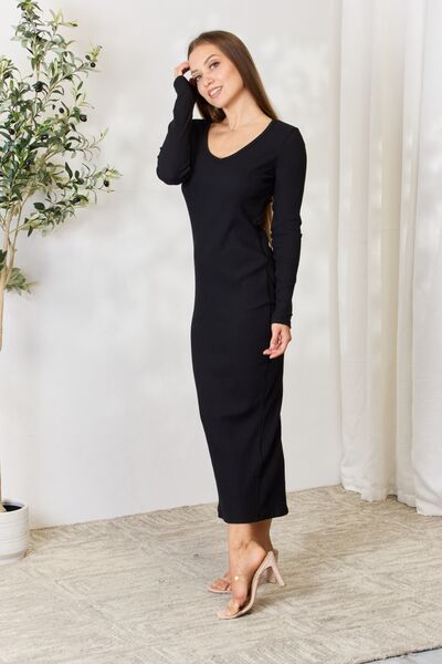 Culture Code Full Size Ribbed Long Sleeve Midi Slit Dress - NeoKira Unlimited
