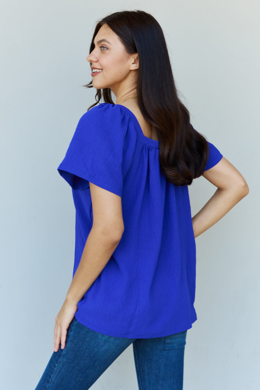Ninexis Keep Me Close Square Neck Short Sleeve Blouse in Royal Top Trendsi   