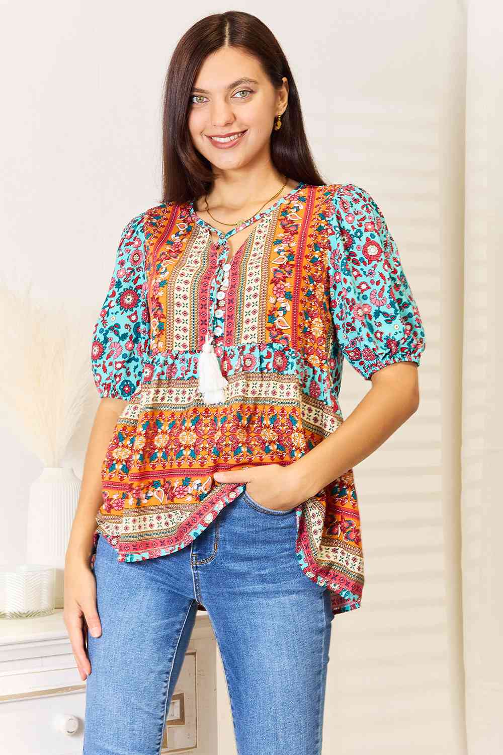 Double Take Bohemian Tassel Tie Puff Sleeve Babydoll Blouse - NeoKira Unlimited