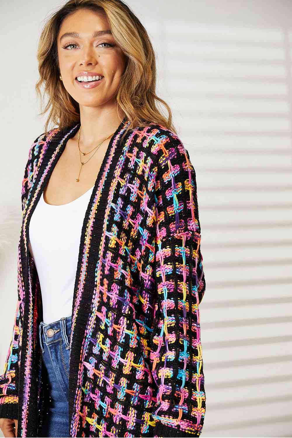 Double Take Full Size Multicolored Open Front Fringe Hem Cardigan Cardigan Trendsi   