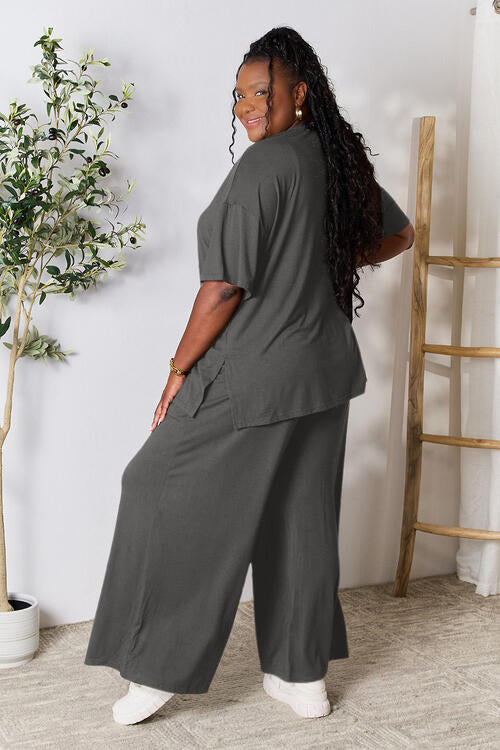 Double Take Full Size Round Neck Slit Top and Pants Set - NeoKira Unlimited