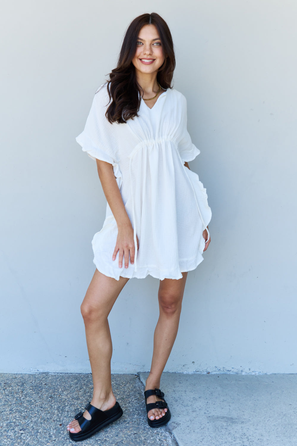 Ninexis Out Of Time Full Size Ruffle Hem Dress with Drawstring Waistband in White Mini Dress Trendsi   