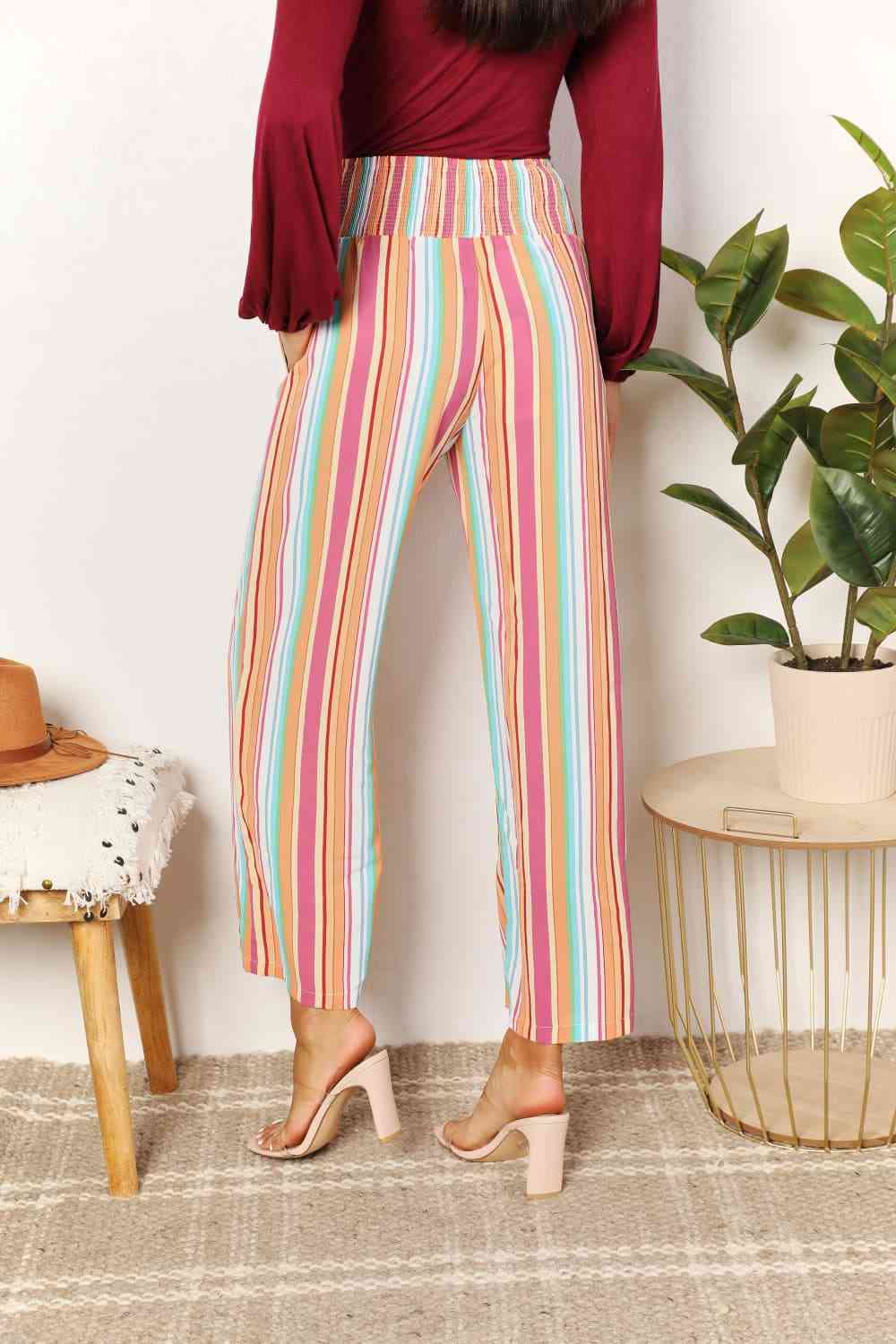 Double Take Striped Smocked Waist Pants with Pockets Pants Trendsi   