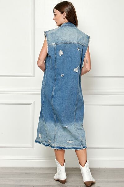 Veveret Full Size Distressed Sleeveless Longline Denim Jacket Jacket Trendsi   