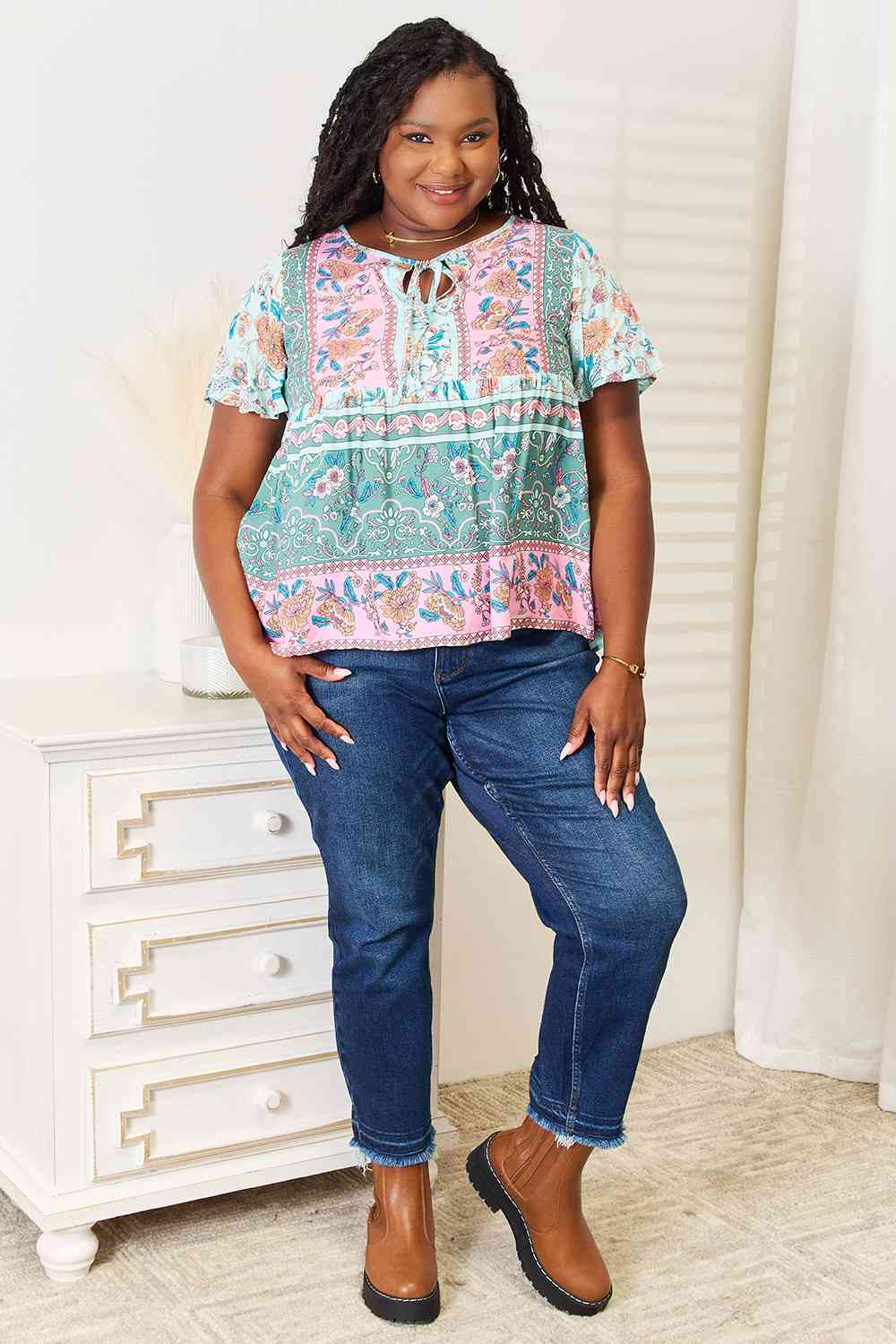 Double Take Floral Tie Neck Short Sleeve Blouse Top Trendsi   