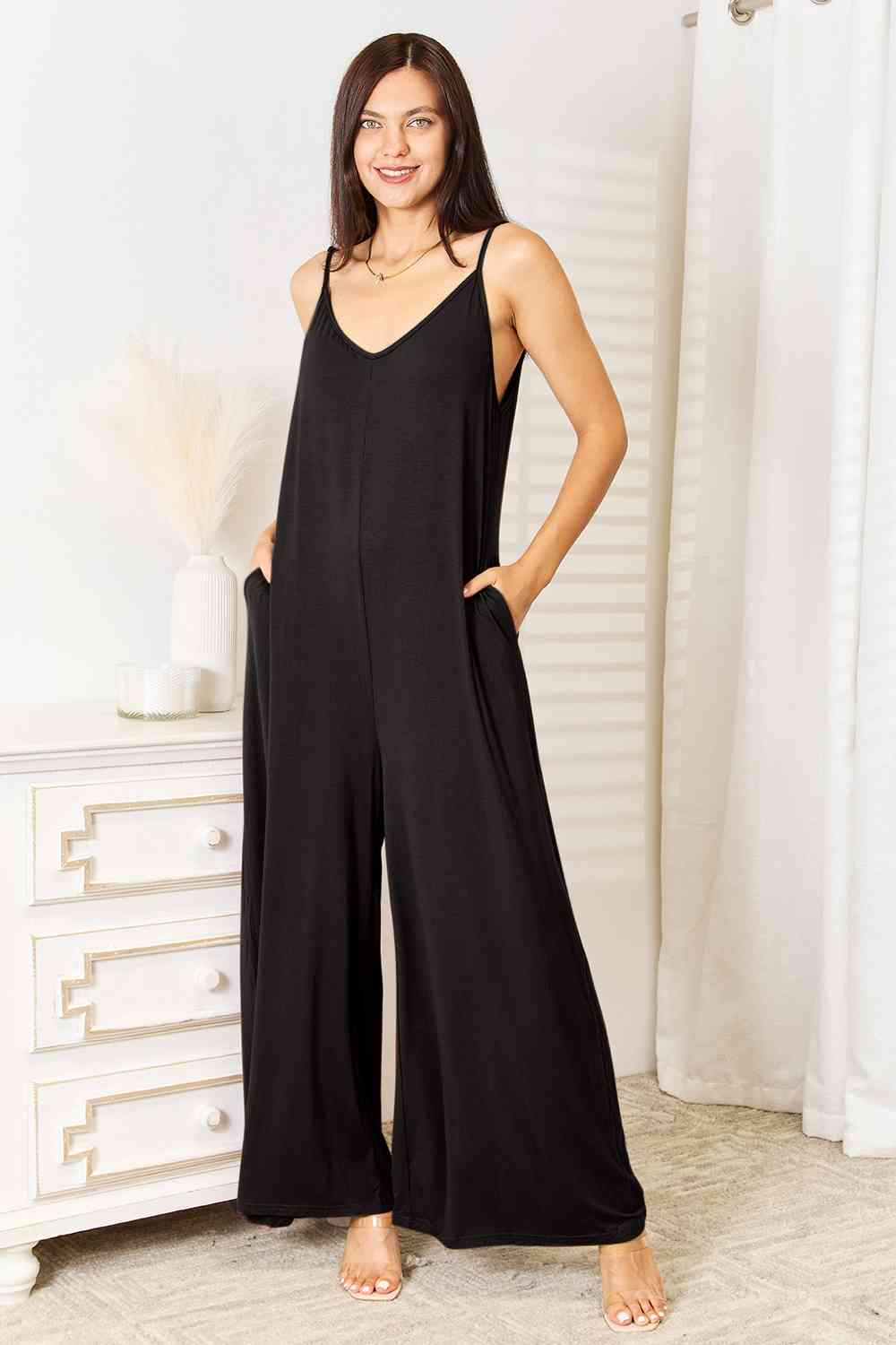 Double Take Full Size Soft Rayon Spaghetti Strap Tied Wide Leg Jumpsuit - NeoKira Unlimited