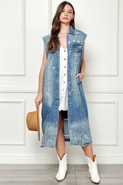 Veveret Full Size Distressed Sleeveless Longline Denim Jacket Jacket Trendsi MEDWASH S 