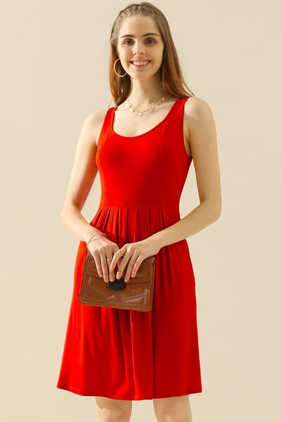 Doublju Full Size Round Neck Ruched Sleeveless Dress with Pockets Mini Dress Trendsi RED S 