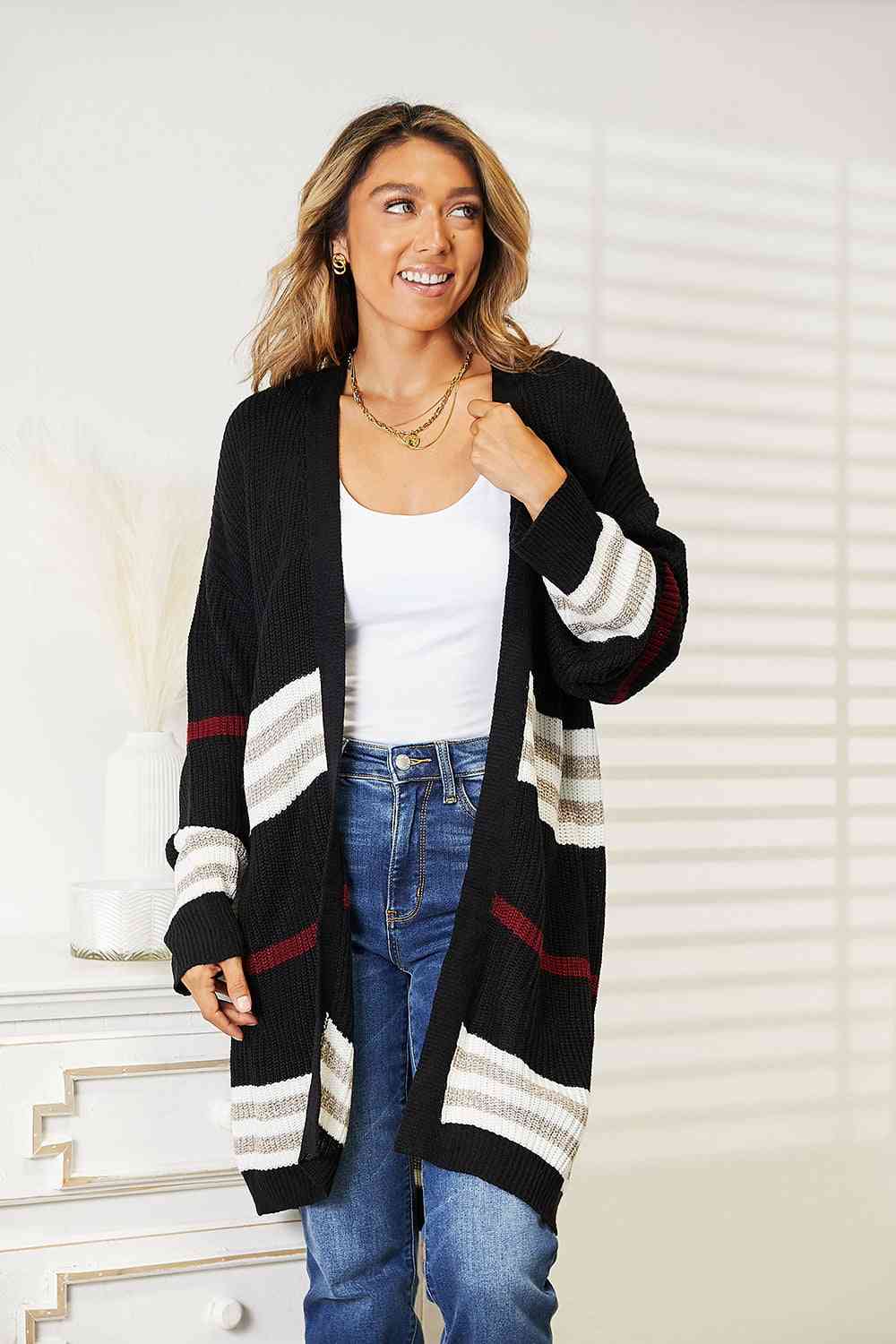 Double Take Striped Rib-Knit Drop Shoulder Open Front Cardigan Cardigan Trendsi Black S 