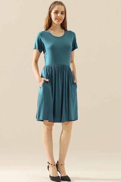 Ninexis Full Size Round Neck Ruched Dress with Pockets Mini Dress Trendsi TEAL S 